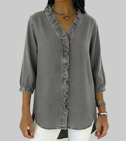 Zelandriya | Women's Ruffle Oversized V-Neck Workwear Blouse