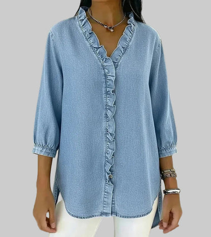 Zelandriya | Women's Ruffle Oversized V-Neck Workwear Blouse